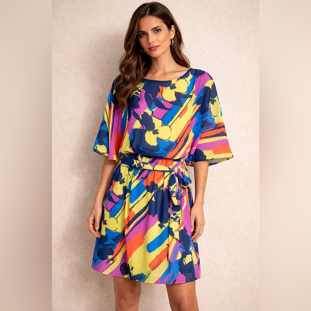 Signature by Robbie Bee Colorful Abstract Retro Belted Flutter Sleeve Dress Sz 8
